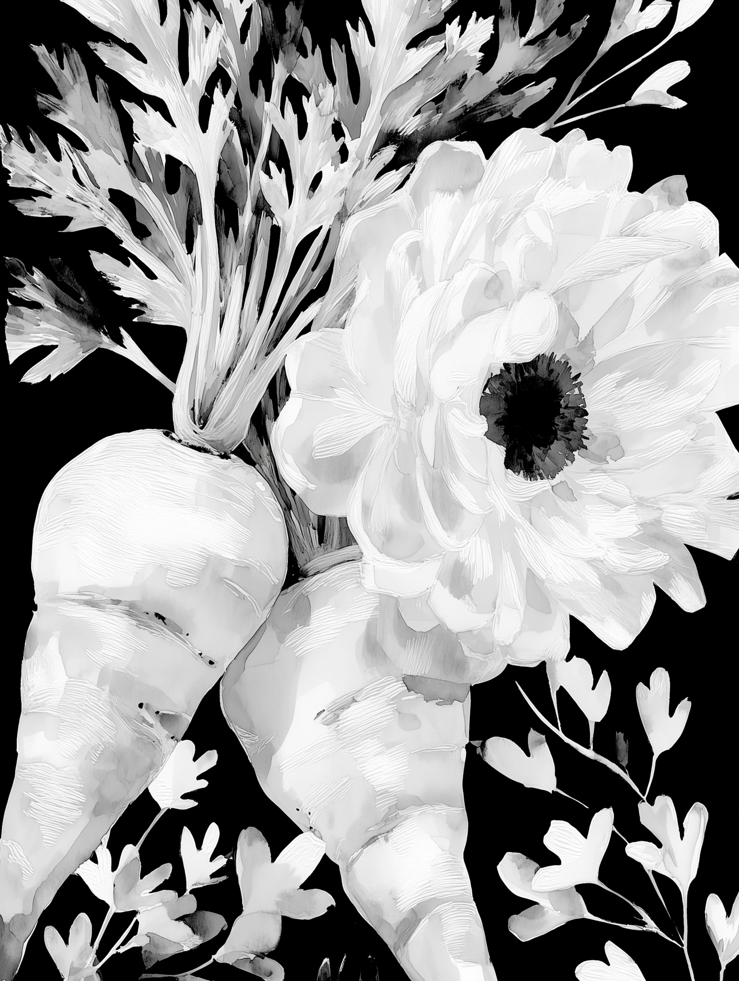 Free printable carrot coloring page for adults featuring a couple of carrots with a flower